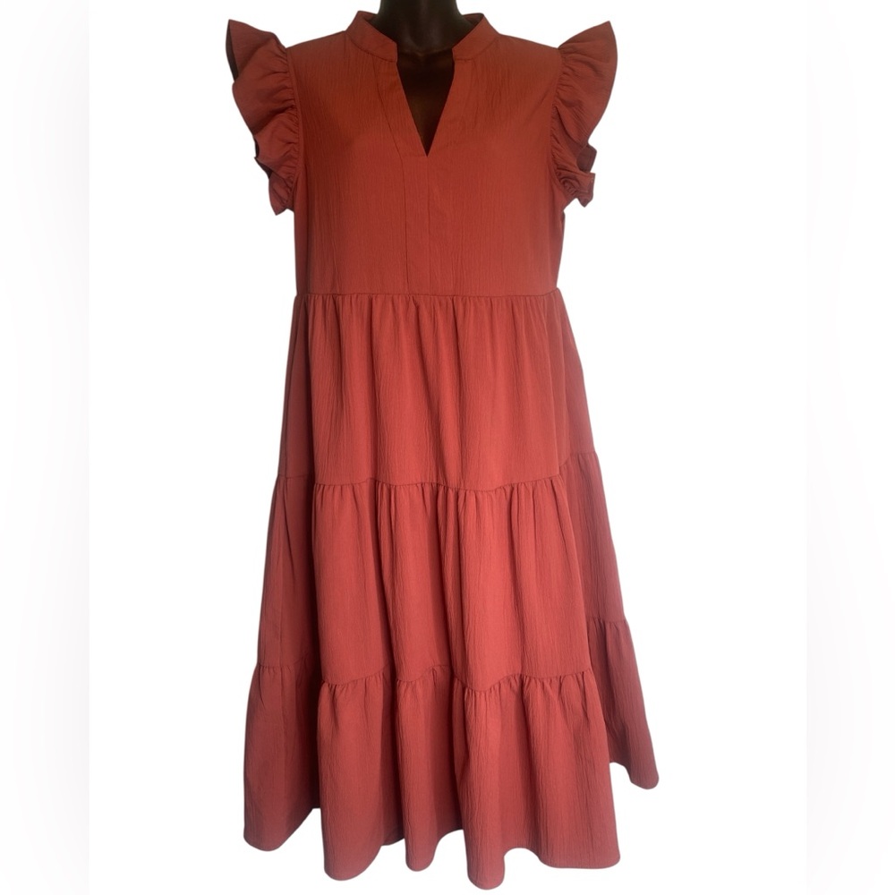 ENTRO Ruffle Tiered Midi Dress Women’s Small V-Neck Cap Sleeve Pockets